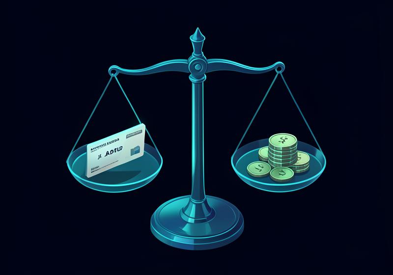 Balance scale weighing a credit card against savings coins