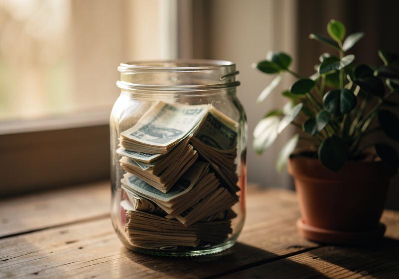 Glass jar filled with savings